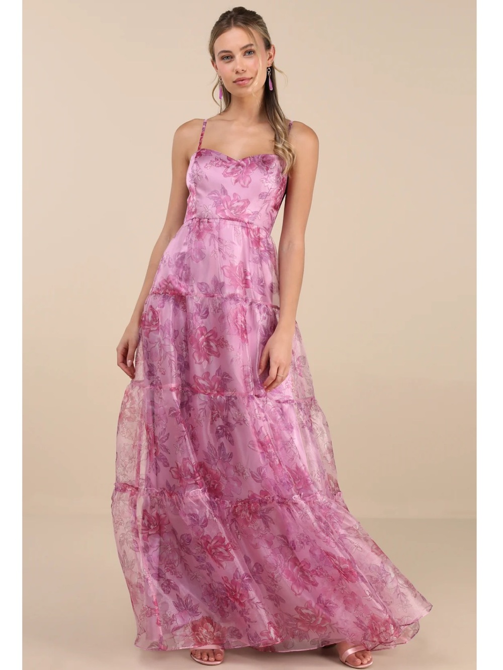 Lulus Exclusive Glamour Pink Floral Organza Tiered Maxi Dress Romantic Small NWT